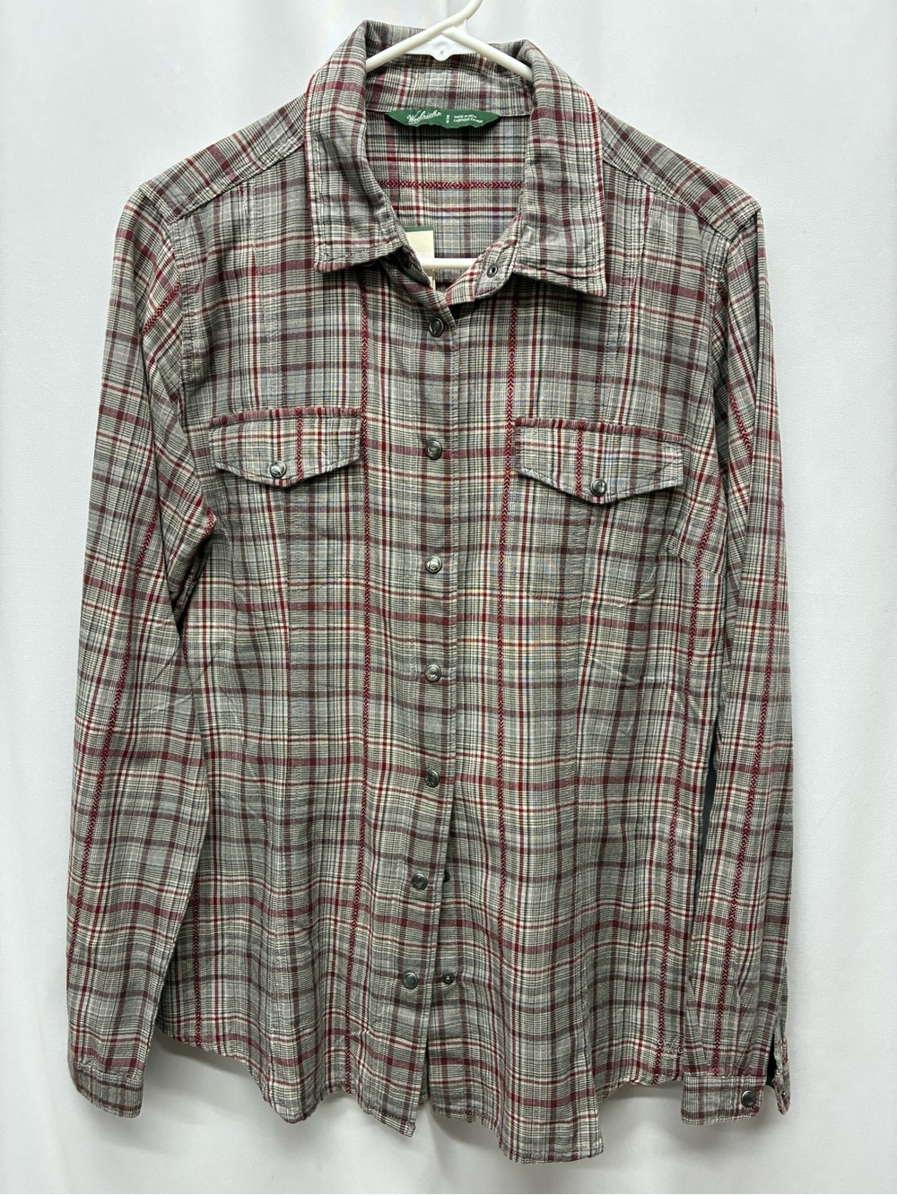 Woolrich womens medium button plaid shirt pearl snap gray red patch pocket NWT